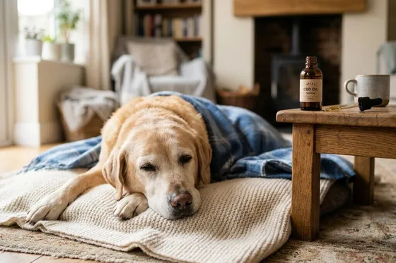 Perro mayor relajado en casa junto a un frasco de aceite de CBD: ilustración para CBD y confort articular en mascotas