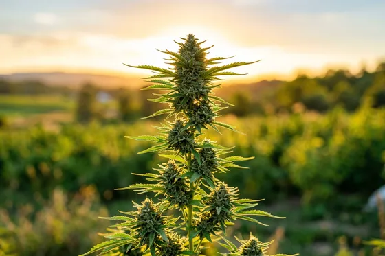 Planta de cáñamo CBD en floración bajo la luz dorada del sol