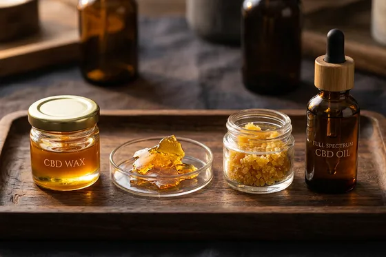 Different forms of CBD extracts: shatter, wax and crystals