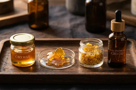 Different forms of CBD extracts: shatter, wax and crystals