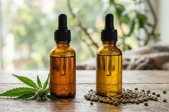 CBD oil and hemp seed oil bottles side by side for comparison